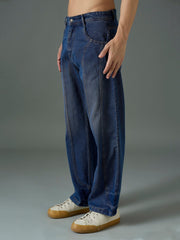 Men Navy Blue Front Detail Wide Leg Jeans-MSJEAN0849