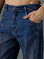 Men Navy Blue Front Detail Wide Leg Jeans-MSJEAN0849
