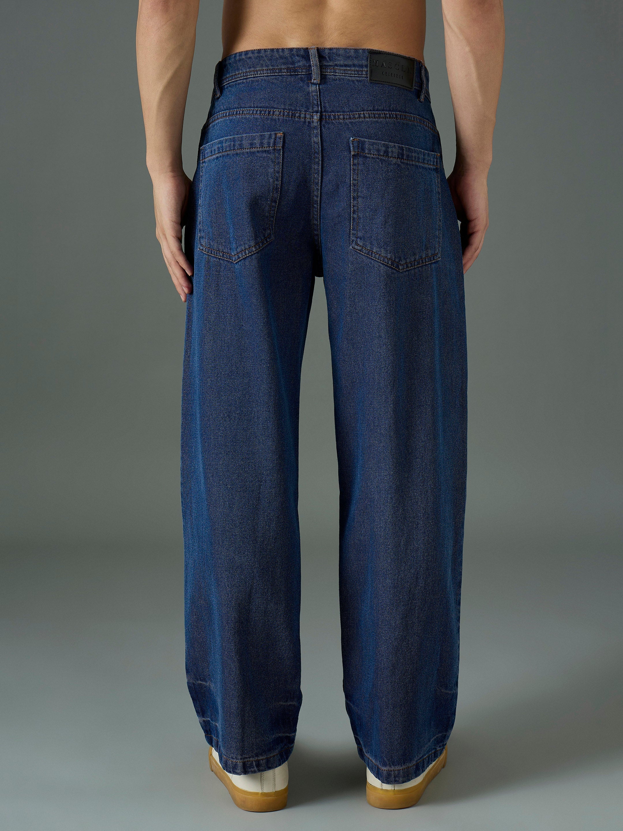 Men Navy Blue Front Detail Wide Leg Jeans-MSJEAN0849