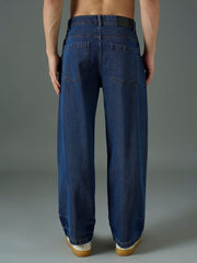 Men Navy Blue Front Detail Wide Leg Jeans-MSJEAN0849