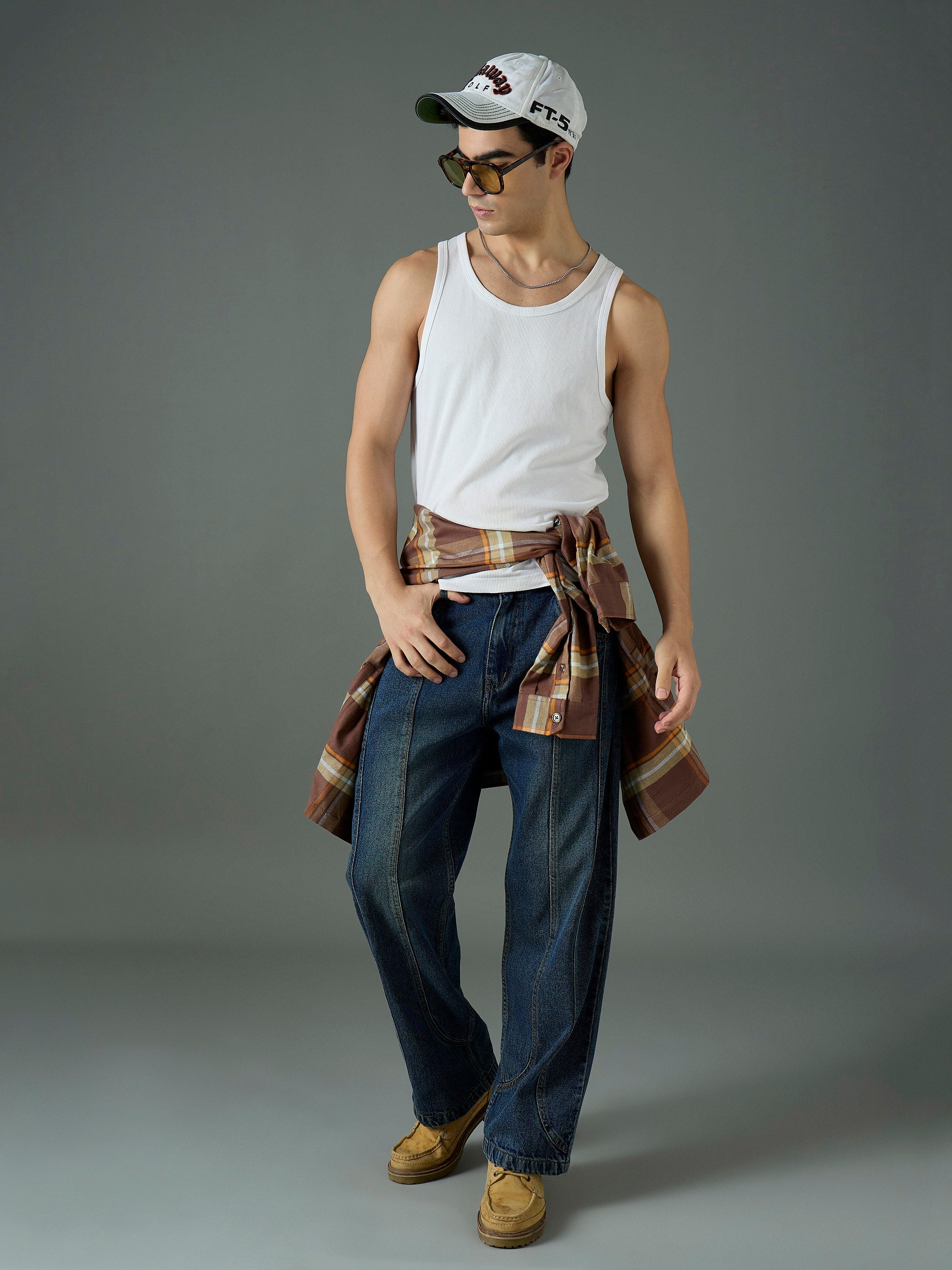 Men Blue Front Detail Wide Leg Jeans-MSJEAN0850
