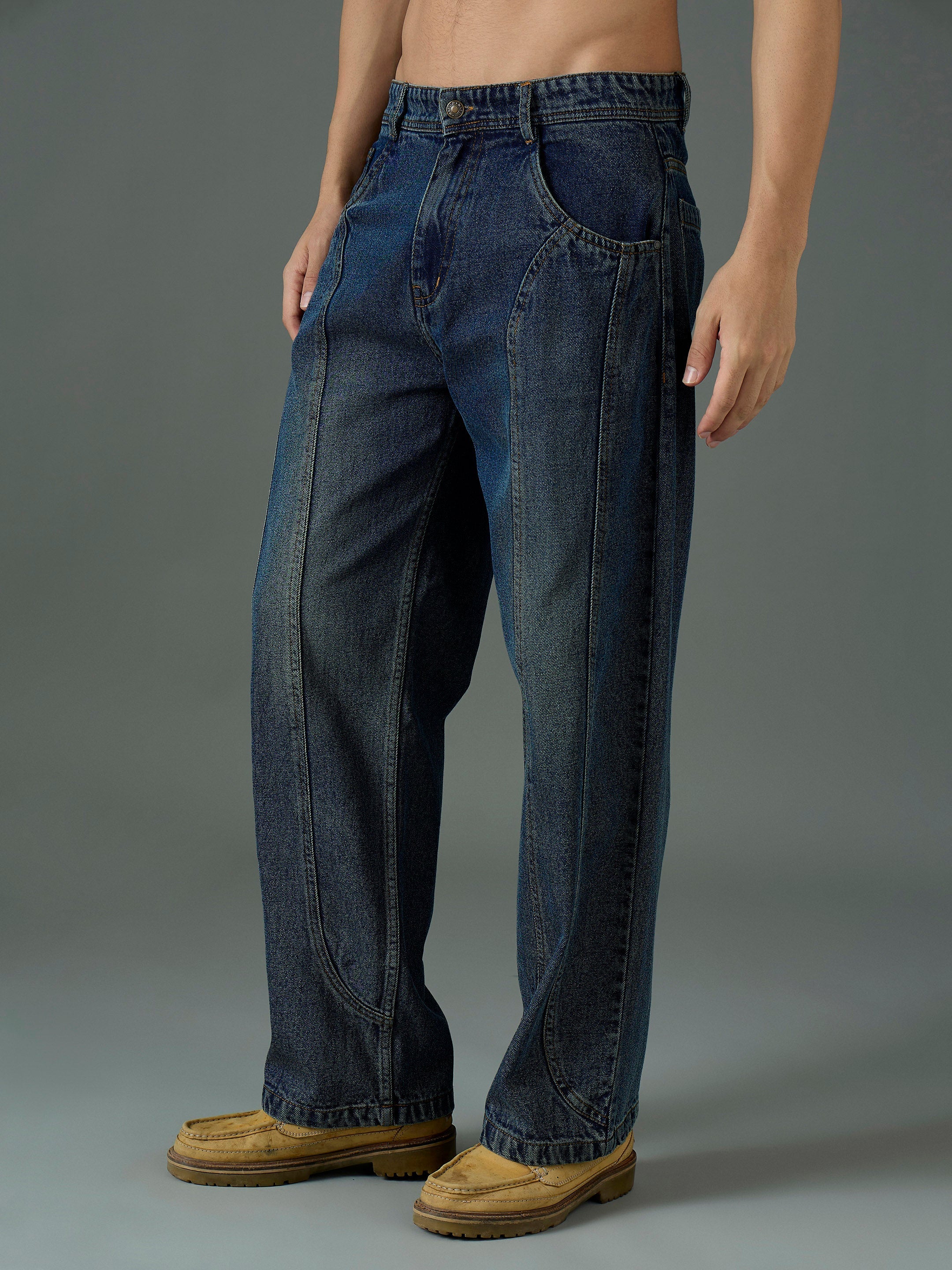 Men Blue Front Detail Wide Leg Jeans-MSJEAN0850