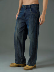 Men Blue Front Detail Wide Leg Jeans-MSJEAN0850