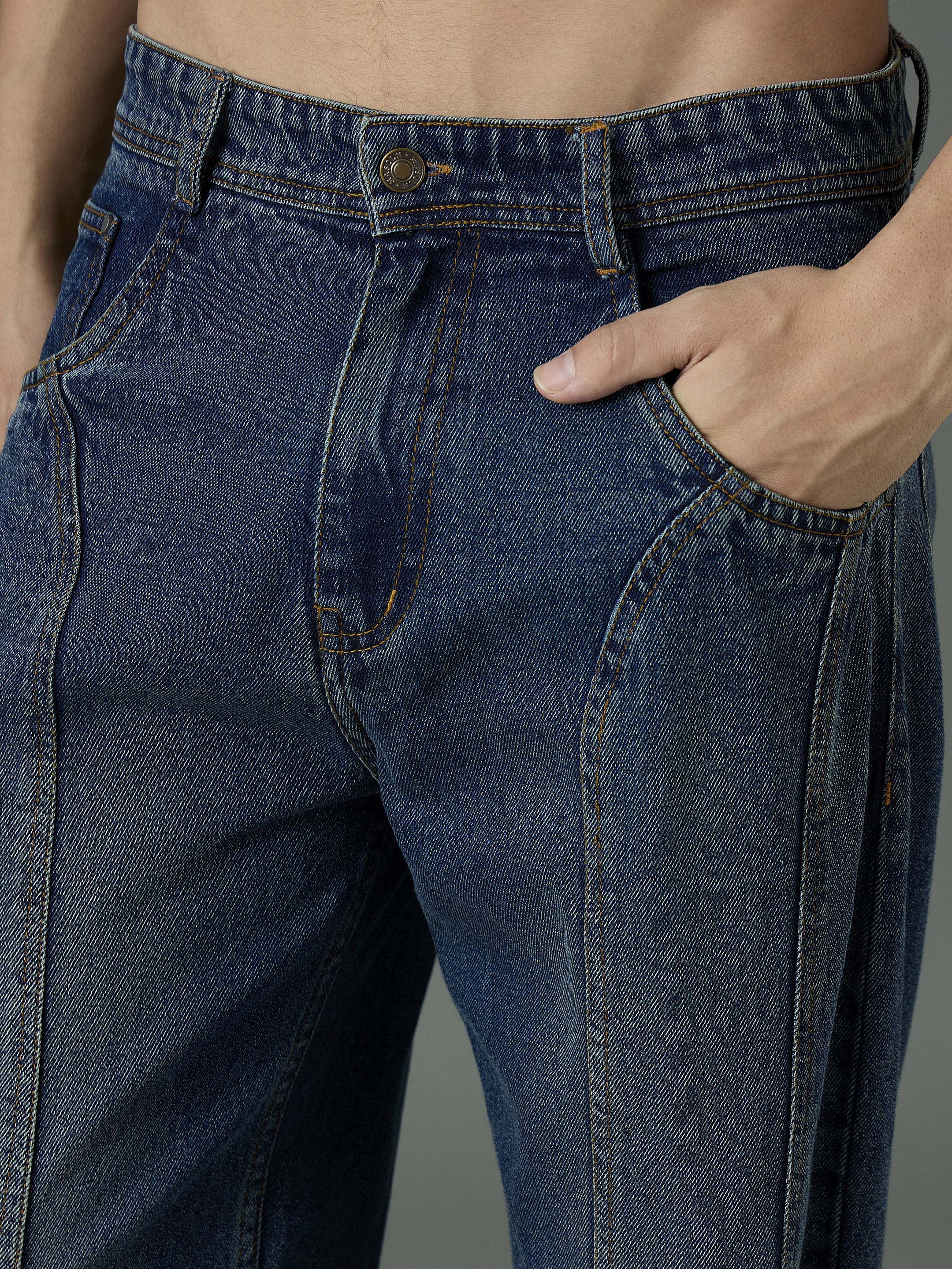 Men Blue Front Detail Wide Leg Jeans-MSJEAN0850