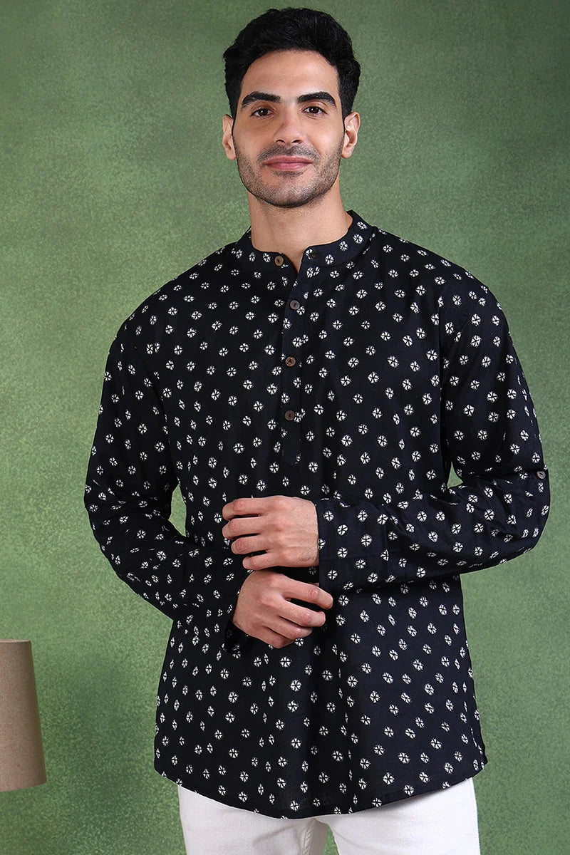 Black Cotton Short Kurta for Men - Bandhani Printed Kurta