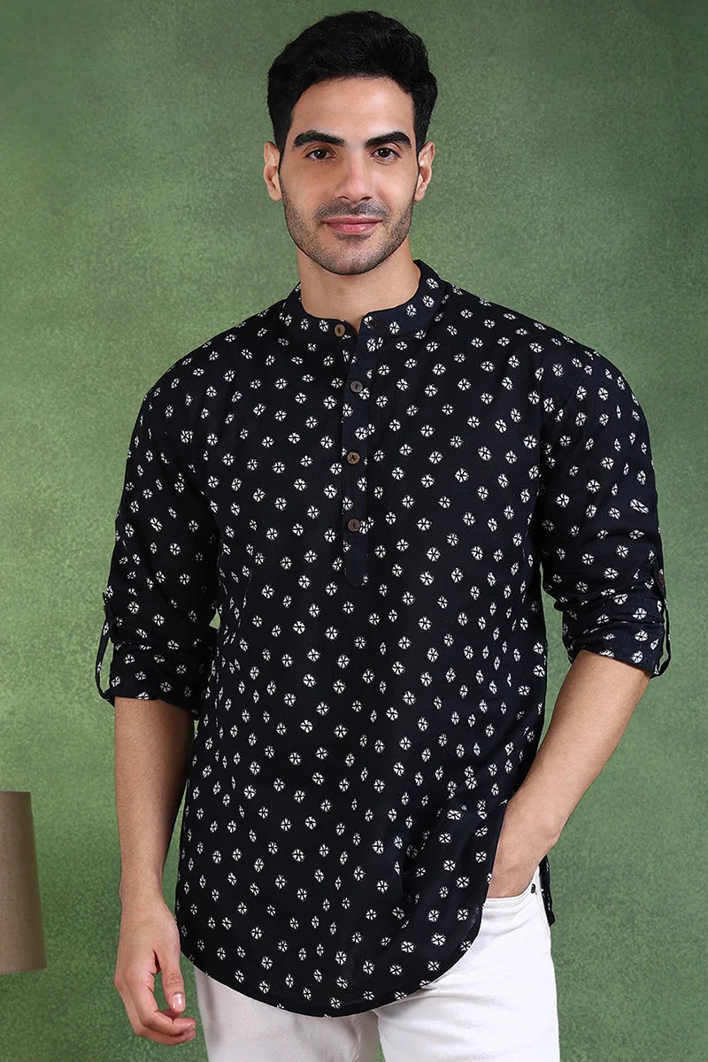 Black Cotton Short Kurta for Men - Bandhani Printed Kurta