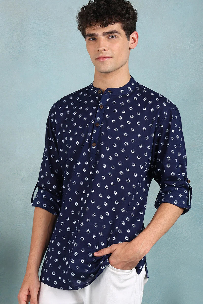 Blue Bandhani Mens Kurta | Cotton Short Kurta For Men Online