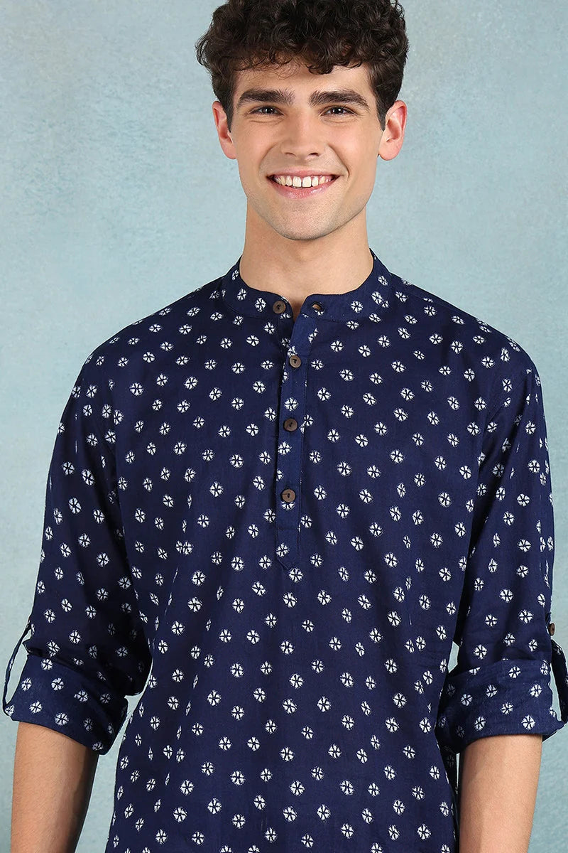 Blue Bandhani Mens Kurta | Cotton Short Kurta For Men Online