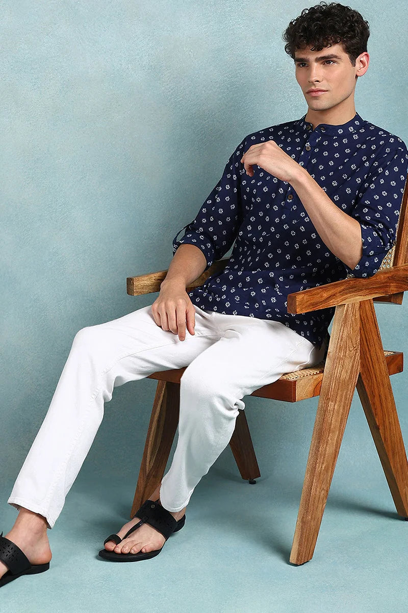 Blue Bandhani Mens Kurta | Cotton Short Kurta For Men Online