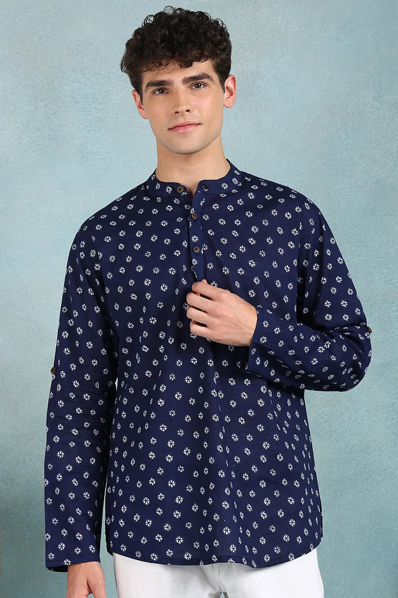 Blue Bandhani Mens Kurta | Cotton Short Kurta For Men Online