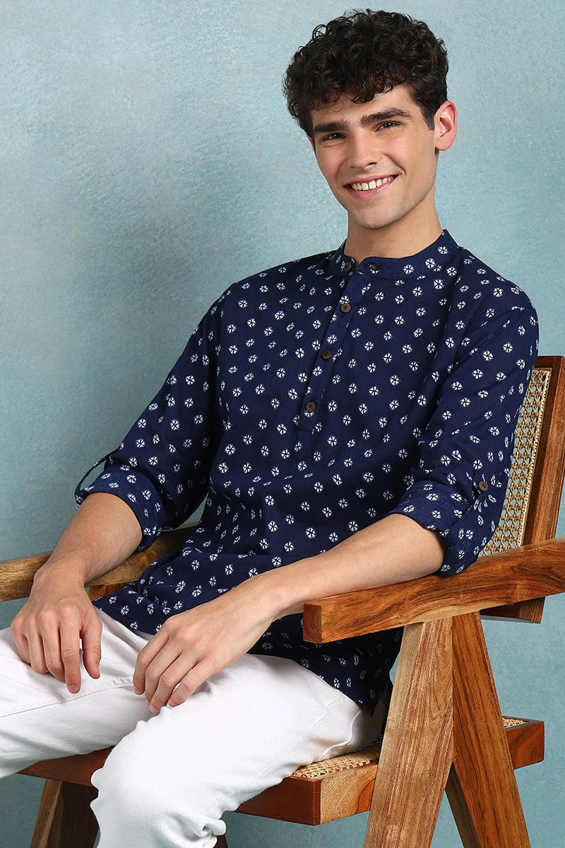 Blue Bandhani Mens Kurta | Cotton Short Kurta For Men Online