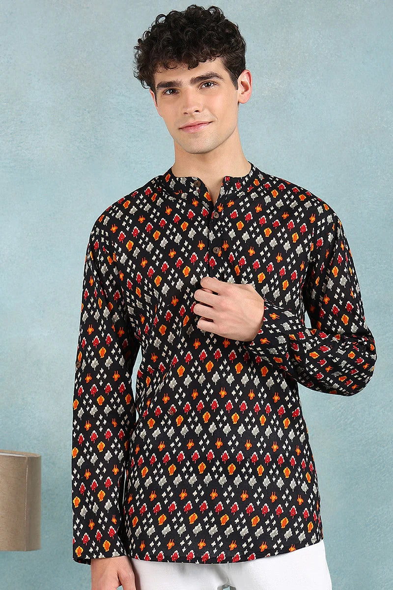 Black Ikat Printed Mens Kurta | Short Cotton Kurta for Men