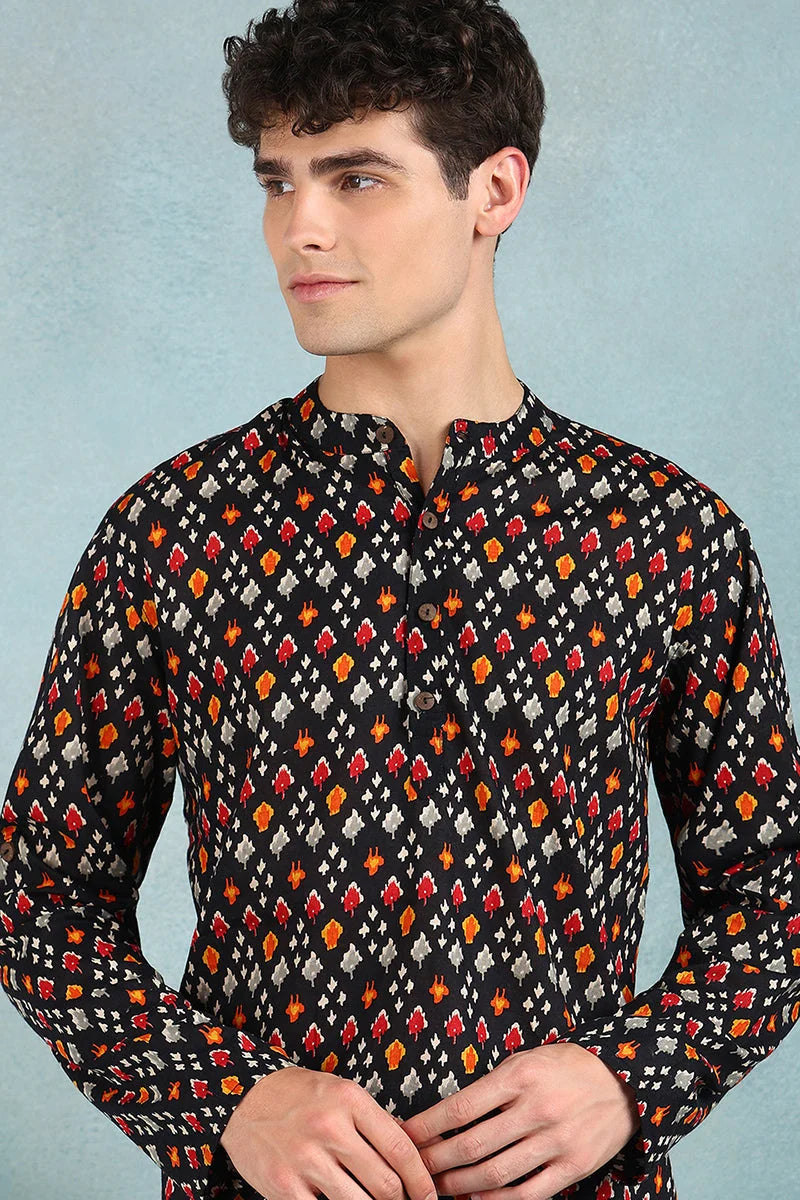 Black Ikat Printed Mens Kurta | Short Cotton Kurta for Men