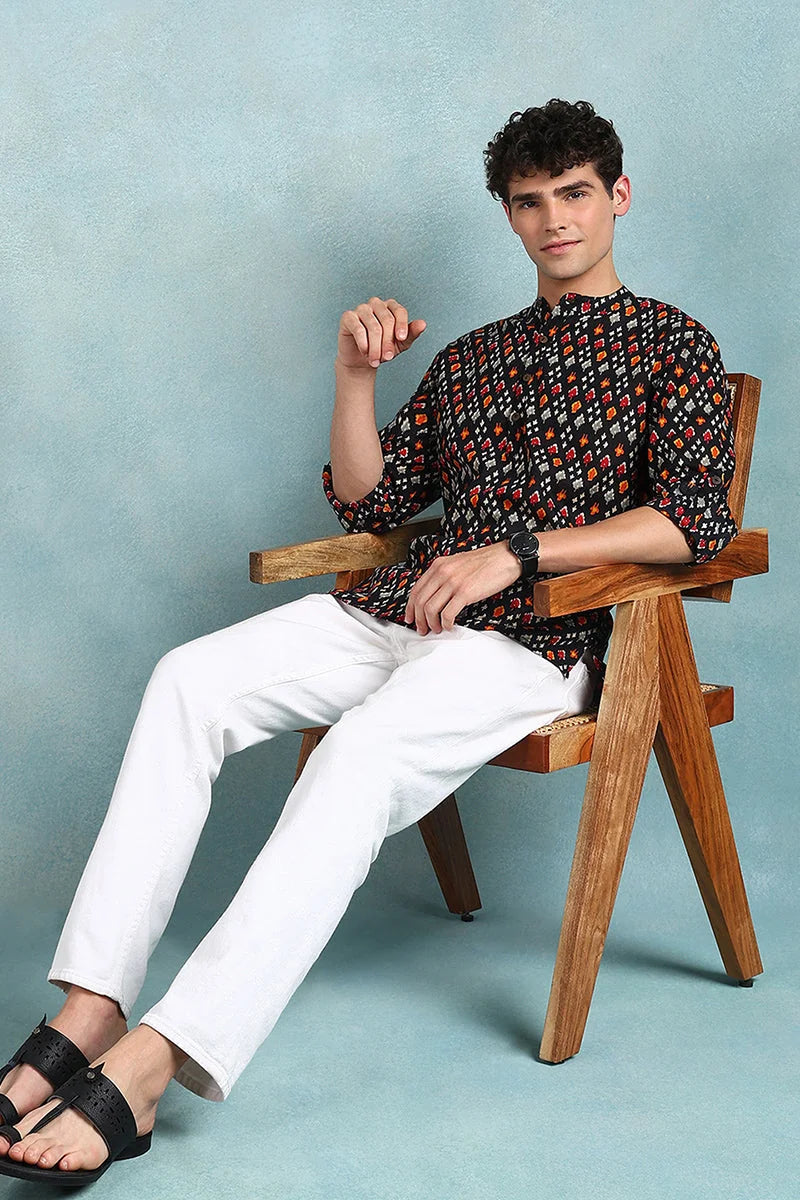 Black Ikat Printed Mens Kurta | Short Cotton Kurta for Men