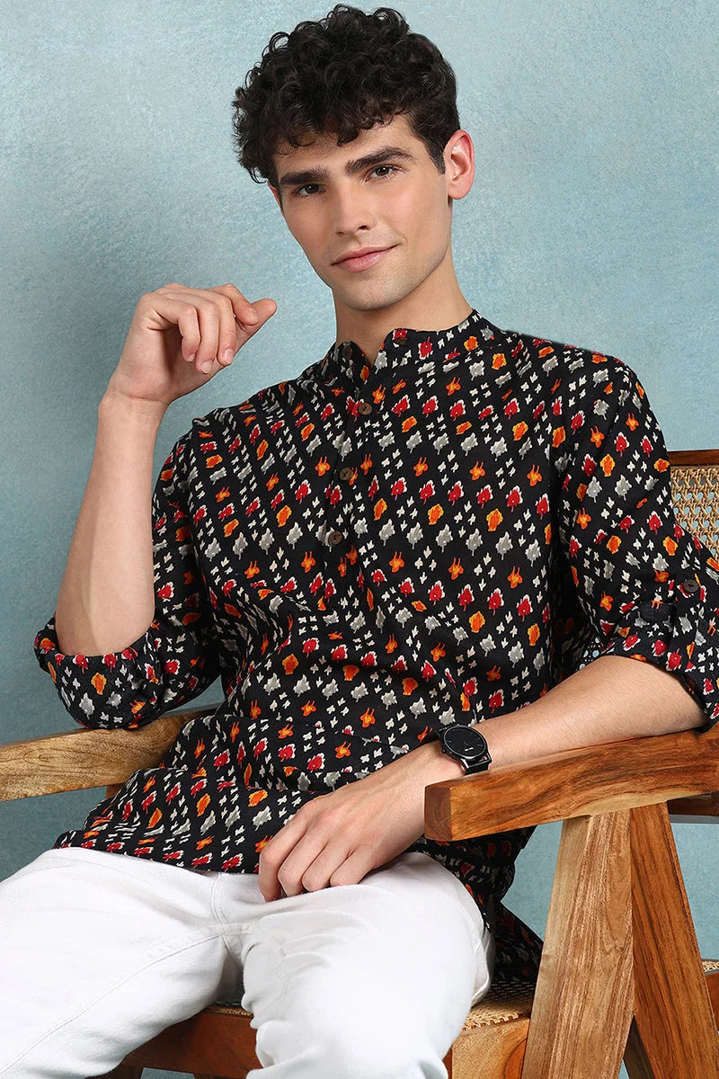 Black Ikat Printed Mens Kurta | Short Cotton Kurta for Men