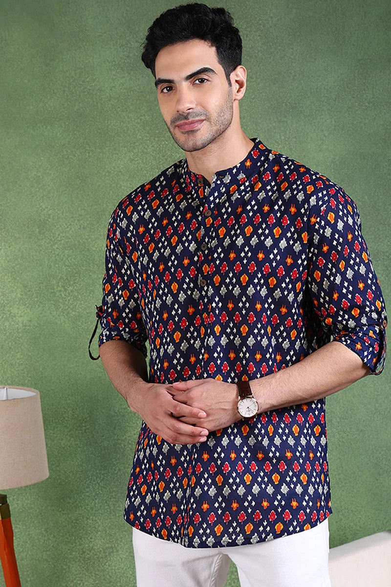 Blue Cotton Geometric Mens Kurta | Short Kurta For Men