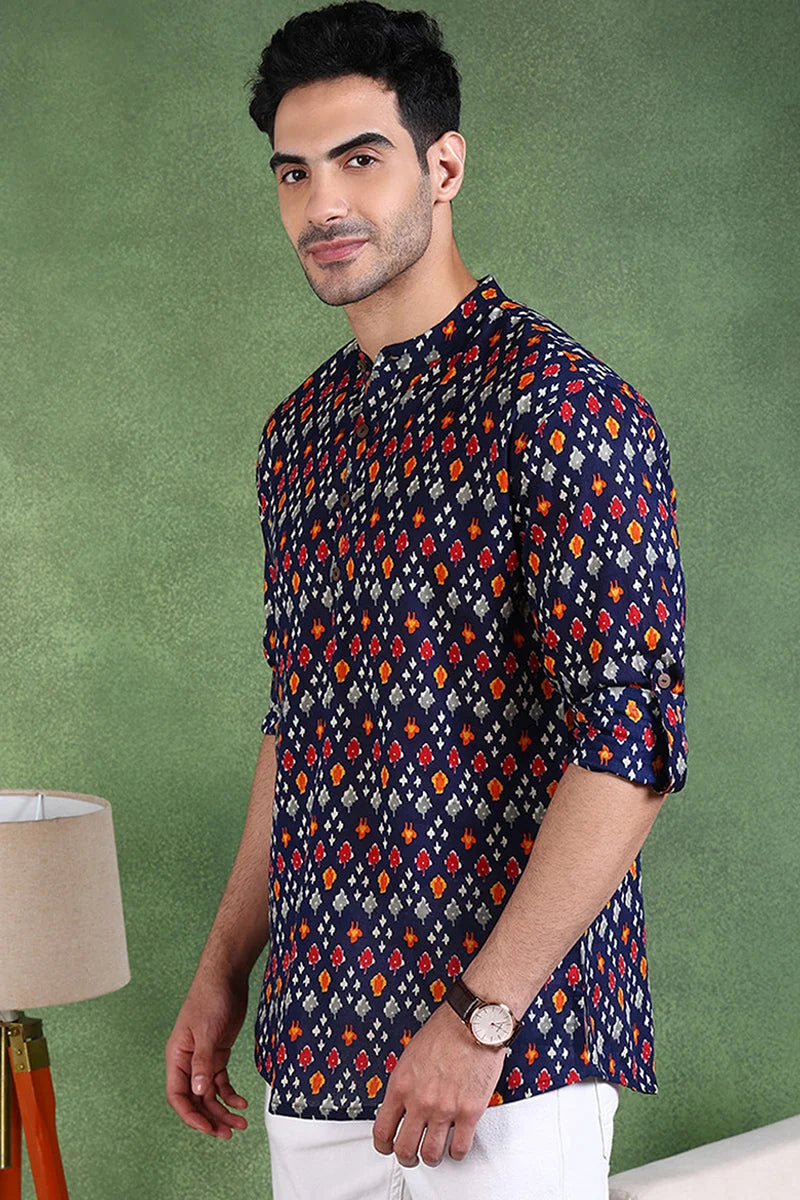 Blue Cotton Geometric Mens Kurta | Short Kurta For Men