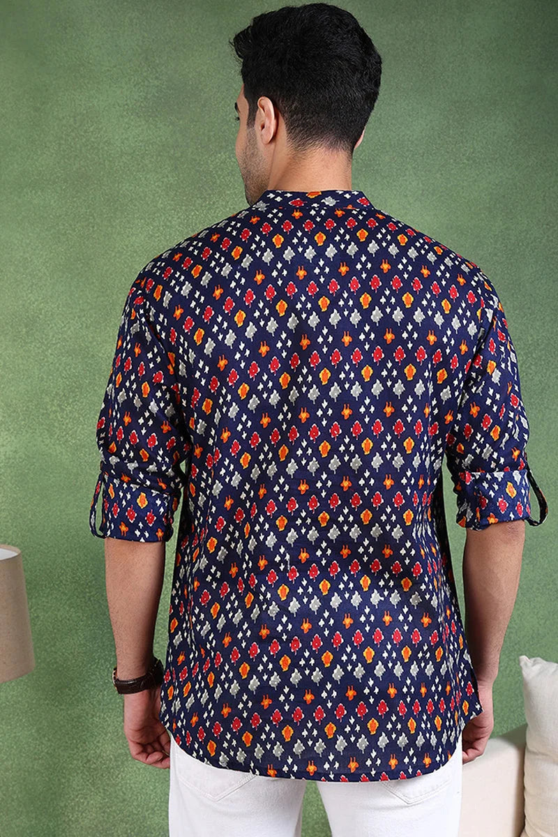 Blue Cotton Geometric Mens Kurta | Short Kurta For Men