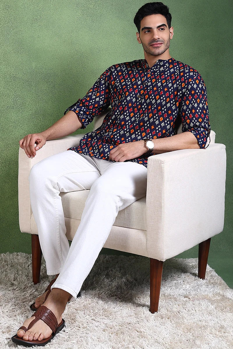 Blue Cotton Geometric Mens Kurta | Short Kurta For Men