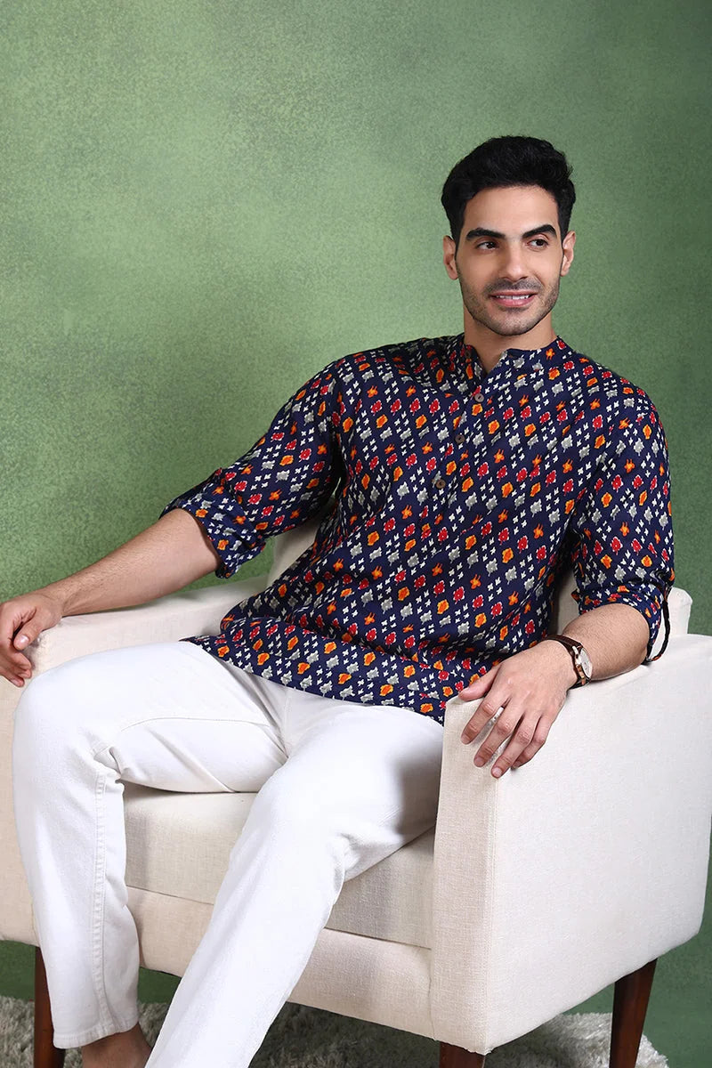 Blue Cotton Geometric Mens Kurta | Short Kurta For Men