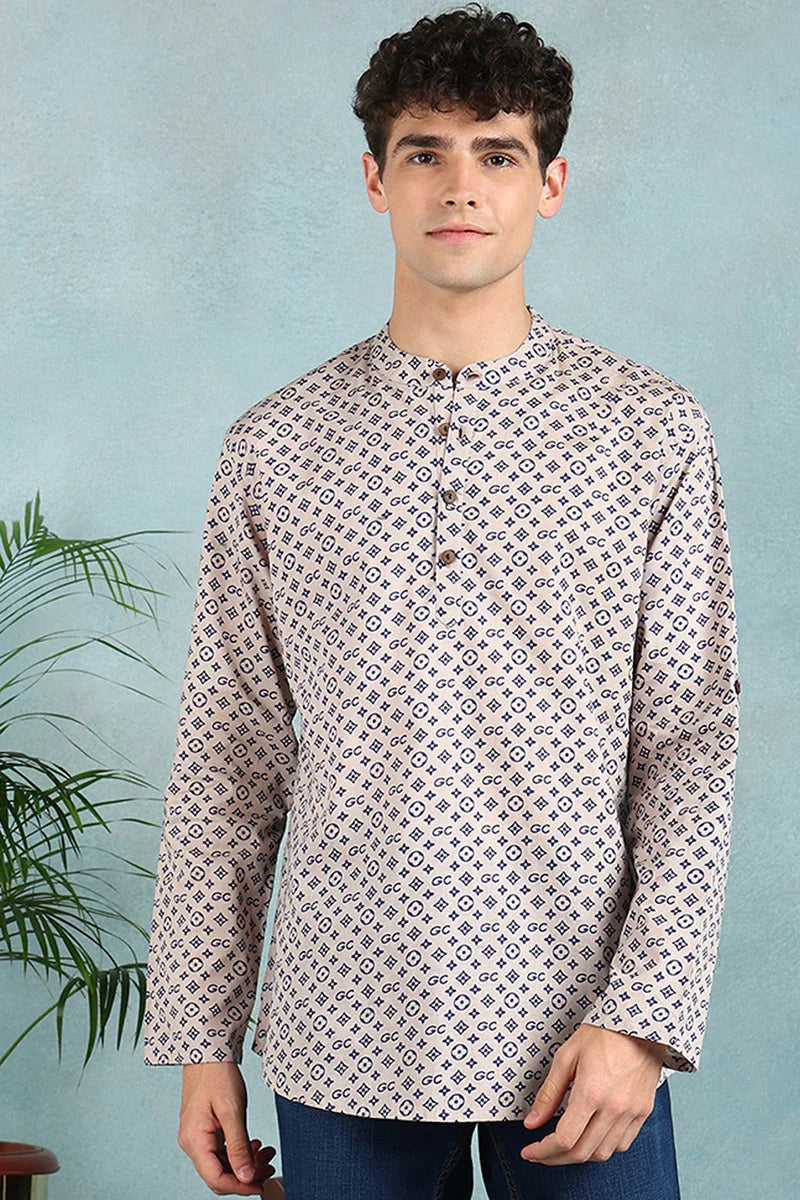 Beige Geometric Short Kurta for Men | Indian Kurta