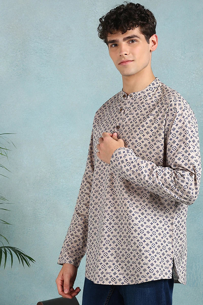 Beige Geometric Short Kurta for Men | Indian Kurta