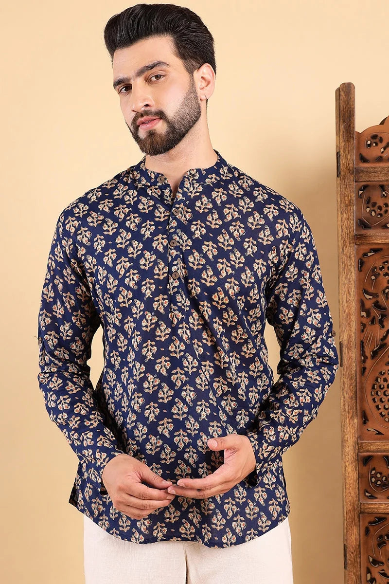 Blue Cotton Floral Mens Kurta | Indian Kurta for Men