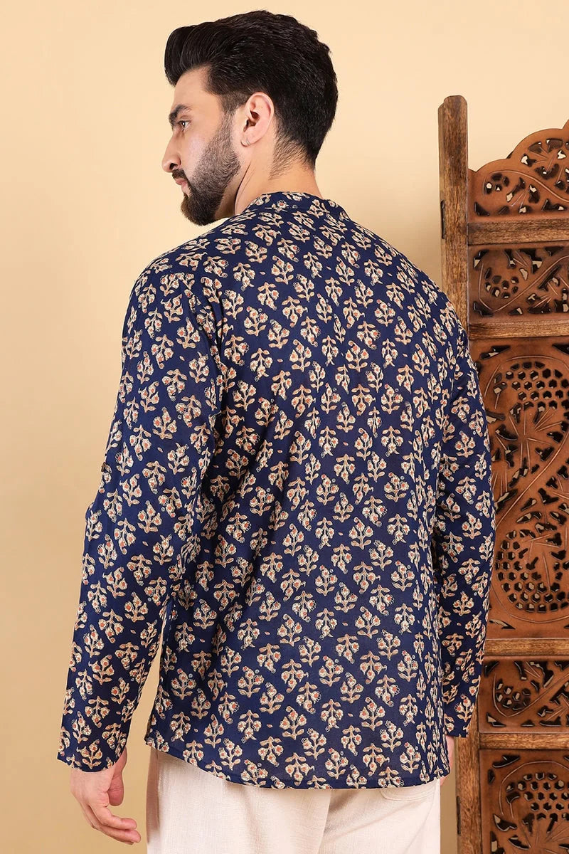 Blue Cotton Floral Mens Kurta | Indian Kurta for Men