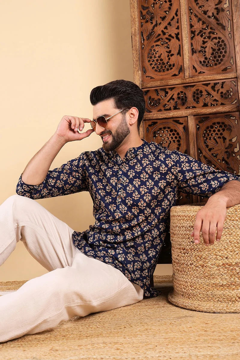 Blue Cotton Floral Mens Kurta | Indian Kurta for Men