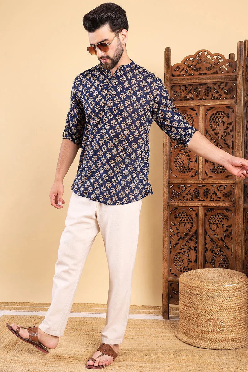 Blue Cotton Floral Mens Kurta | Indian Kurta for Men