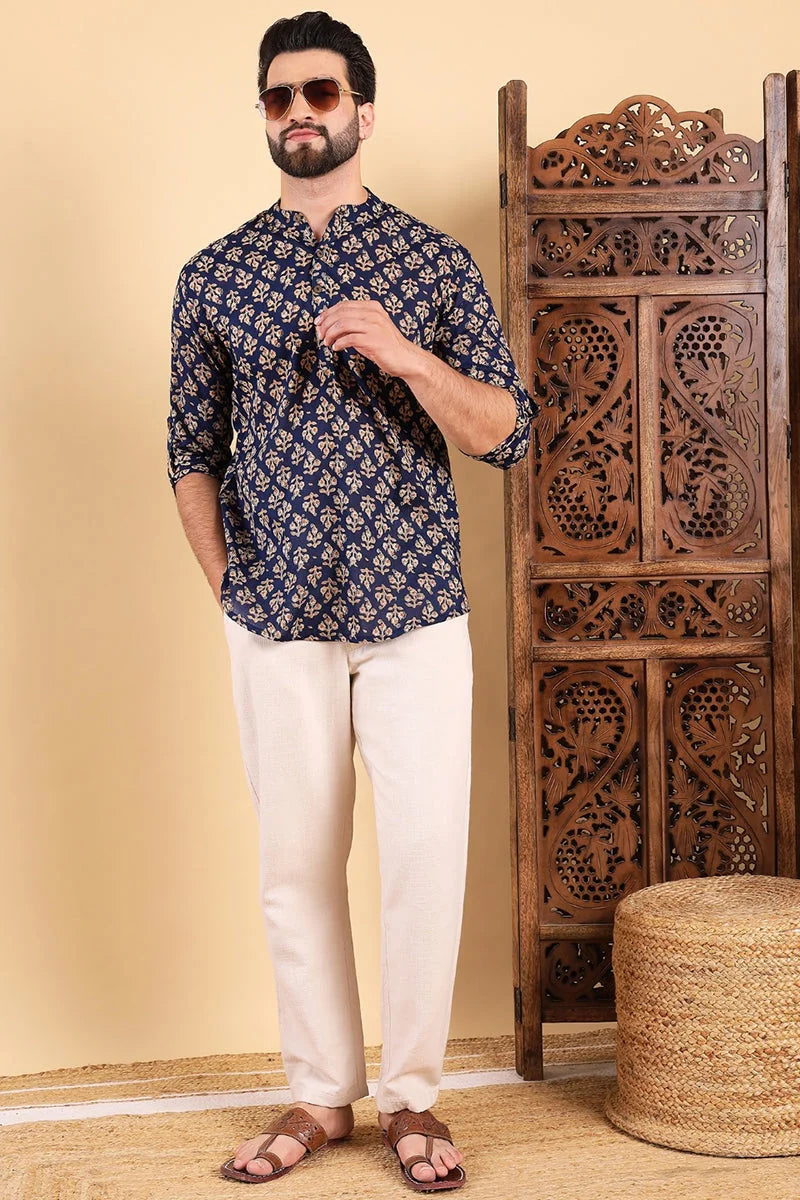 Blue Cotton Floral Mens Kurta | Indian Kurta for Men