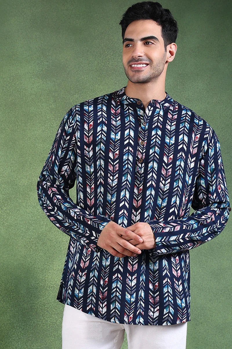 Blue Chevron Viscose Rayon Short Kurta for Men | Mens Kurta