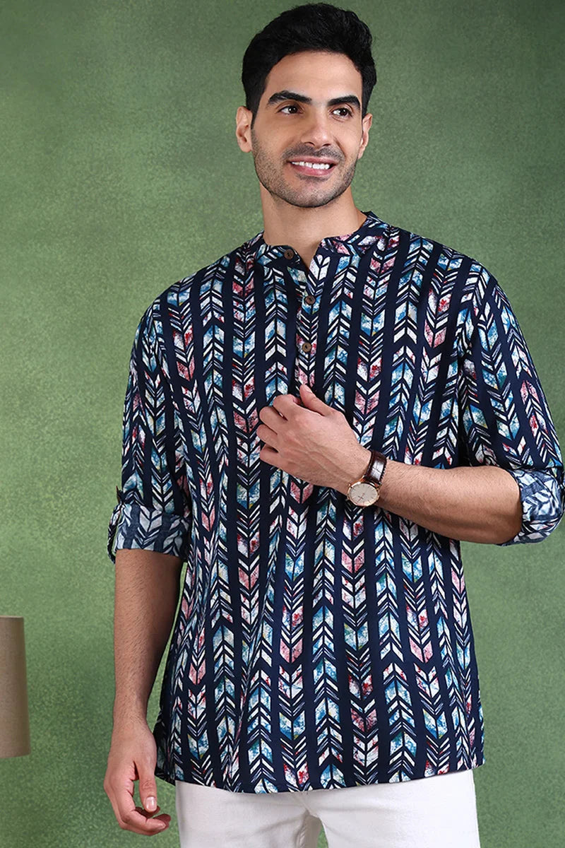 Blue Chevron Viscose Rayon Short Kurta for Men | Mens Kurta