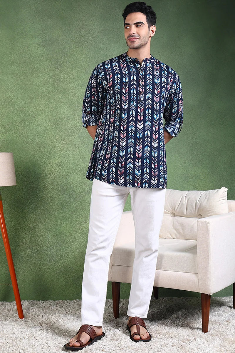 Blue Chevron Viscose Rayon Short Kurta for Men | Mens Kurta