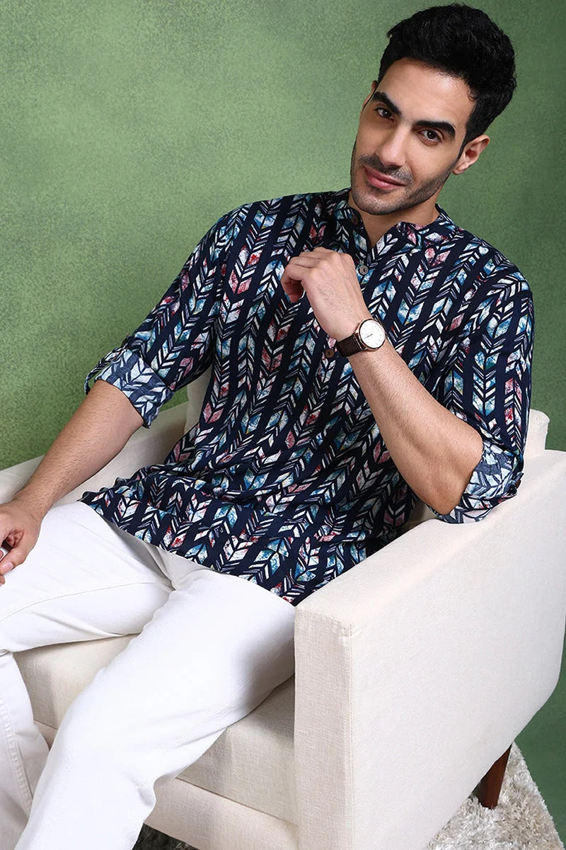 Blue Chevron Viscose Rayon Short Kurta for Men | Mens Kurta