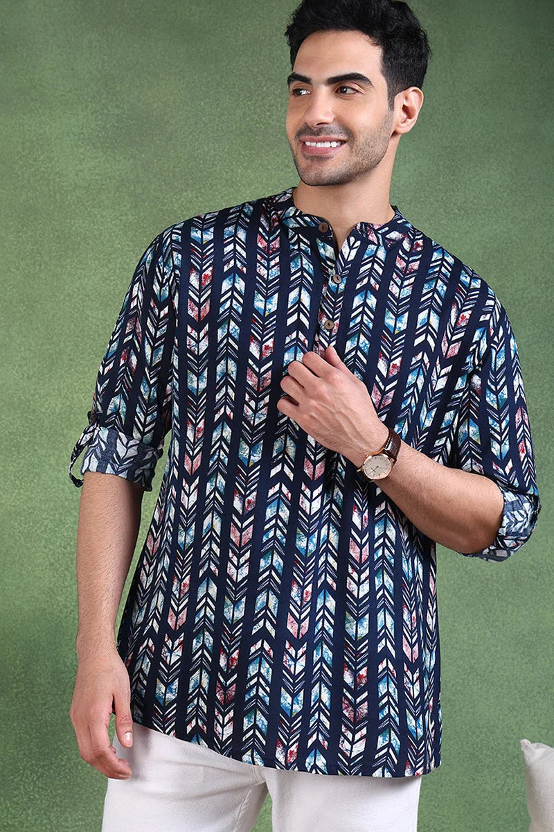 Blue Chevron Viscose Rayon Short Kurta for Men | Mens Kurta