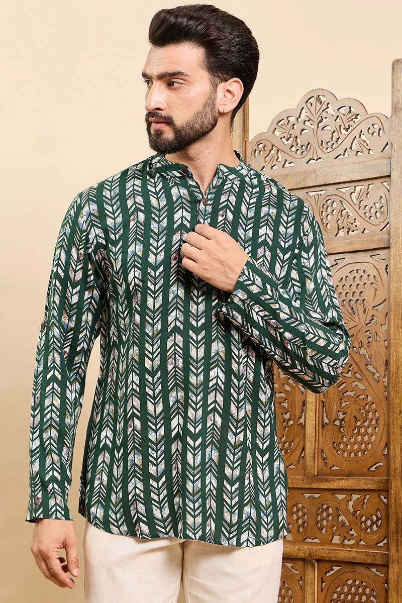 Green Chevron Viscose Rayon Mens Kurta | Short Kurta for Men