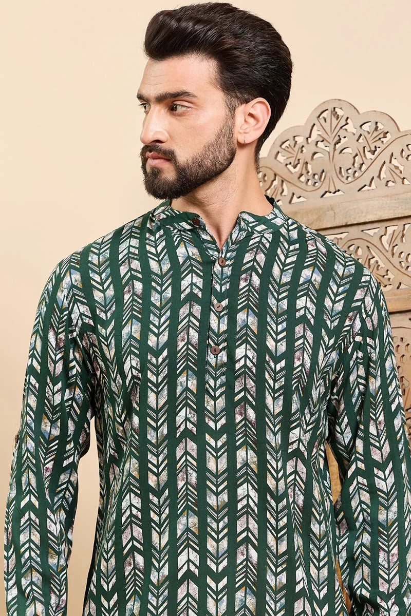 Green Chevron Viscose Rayon Mens Kurta | Short Kurta for Men