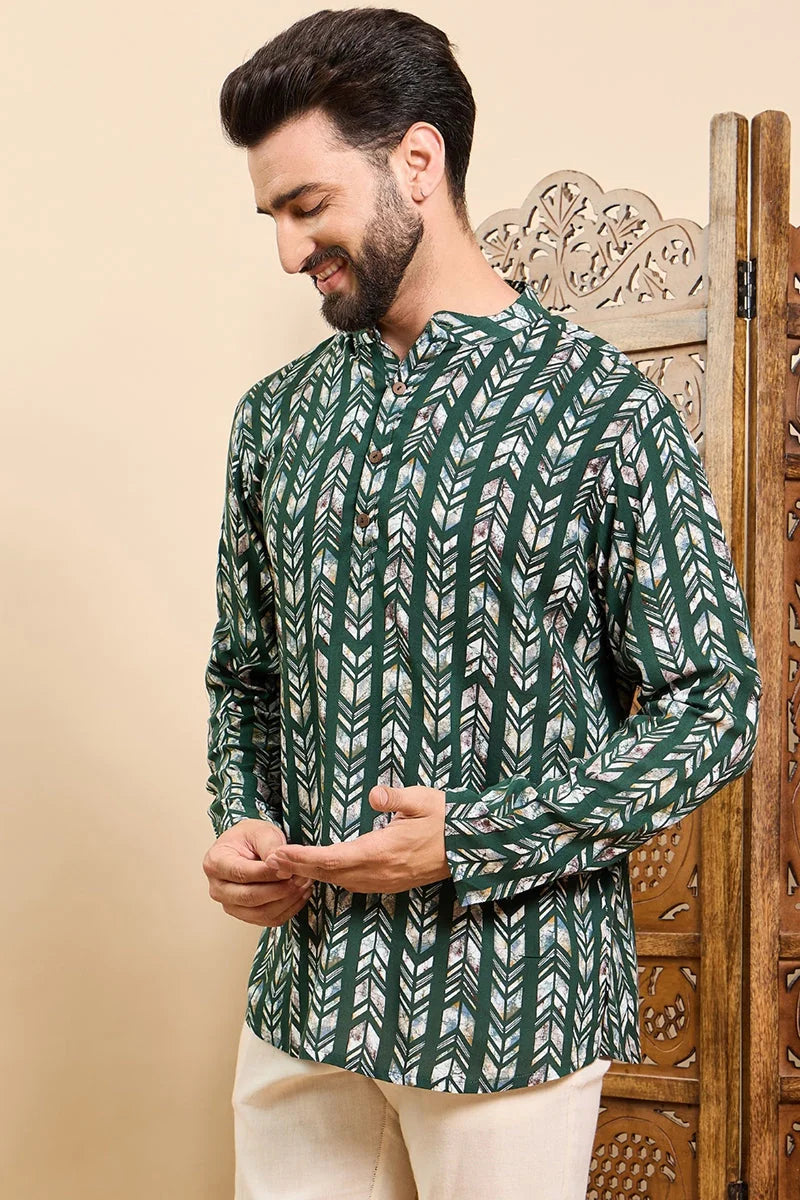 Green Chevron Viscose Rayon Mens Kurta | Short Kurta for Men