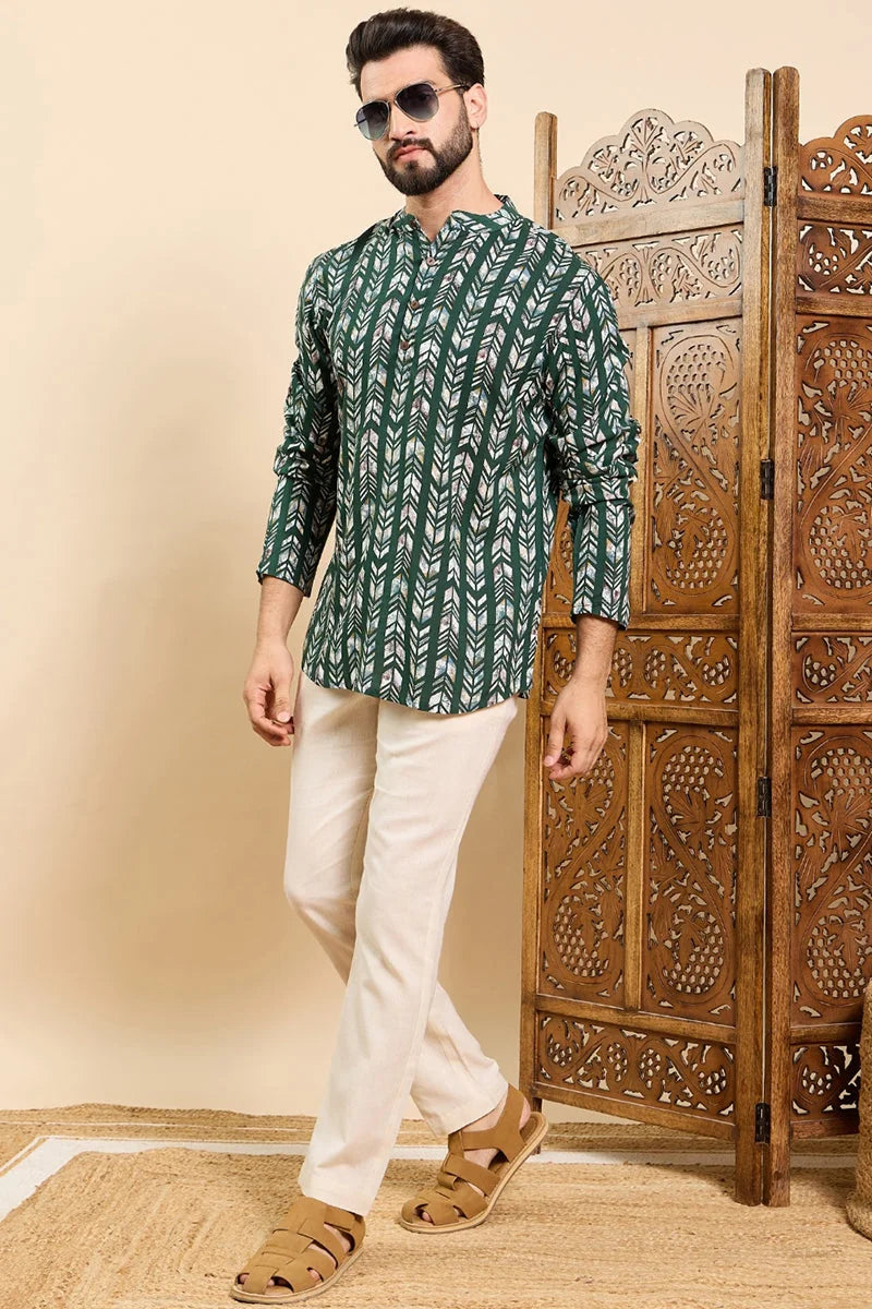 Green Chevron Viscose Rayon Mens Kurta | Short Kurta for Men