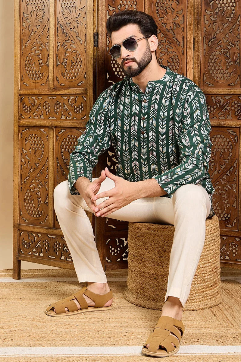 Green Chevron Viscose Rayon Mens Kurta | Short Kurta for Men