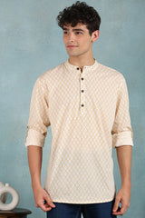Ethnic Bay Off White Cotton Geometric Printed Straight Short Kurta For Men MSKU1007WHT