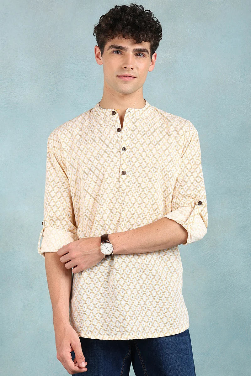 Off White Geometric Mens Kurta | Cotton Indian Kurta for Men