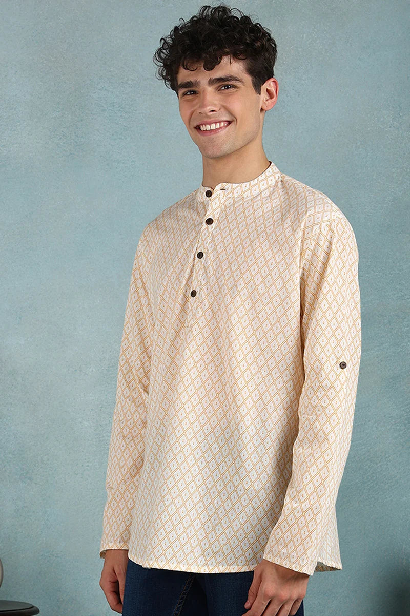 Off White Geometric Mens Kurta | Cotton Indian Kurta for Men