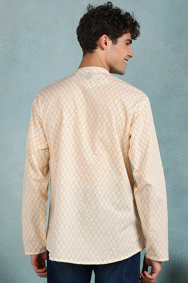 Off White Geometric Mens Kurta | Cotton Indian Kurta for Men