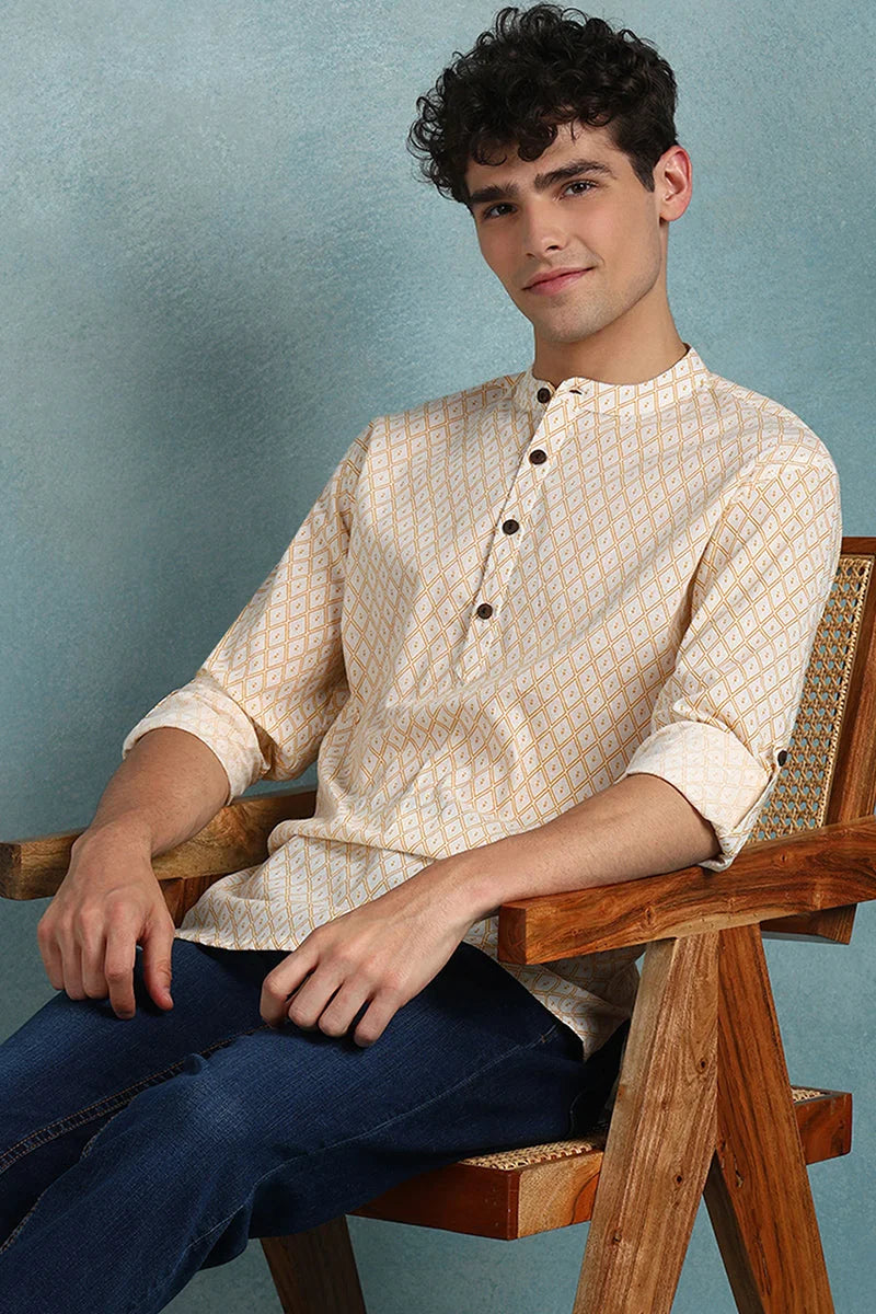 Off White Geometric Mens Kurta | Cotton Indian Kurta for Men