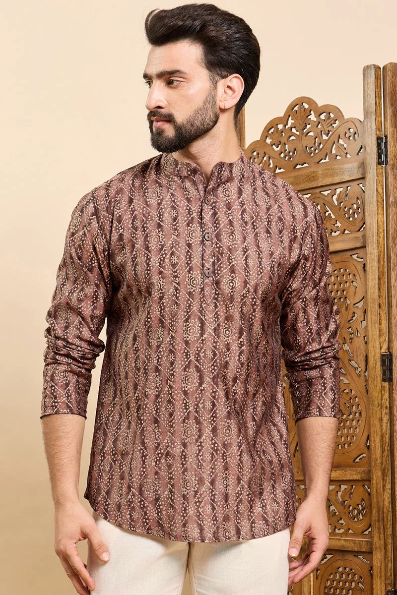 Brown Cotton Short Kurta for Men - Geometric Print | Ethnic Bay