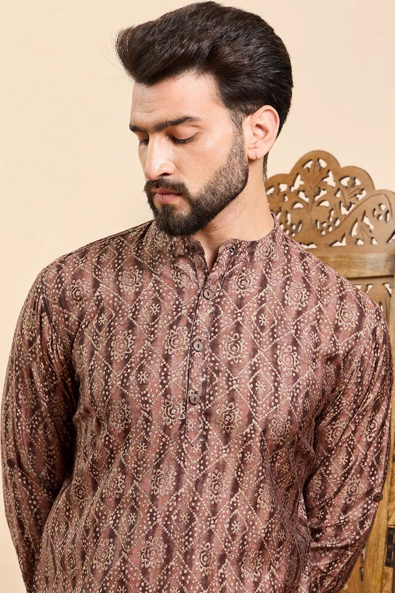 Brown Cotton Short Kurta for Men - Geometric Print | Ethnic Bay