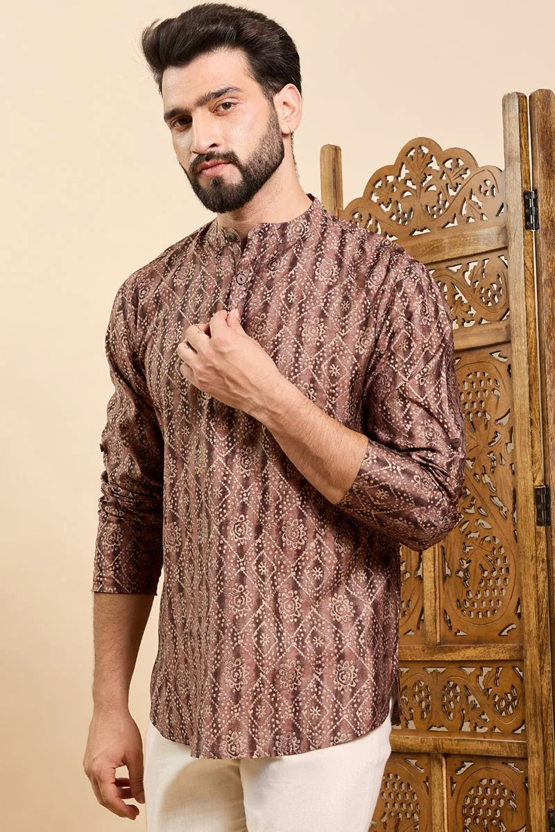 Brown Cotton Short Kurta for Men - Geometric Print | Ethnic Bay