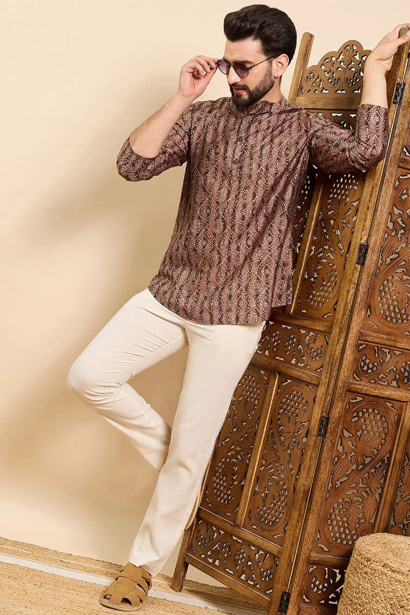 Brown Cotton Short Kurta for Men - Geometric Print | Ethnic Bay